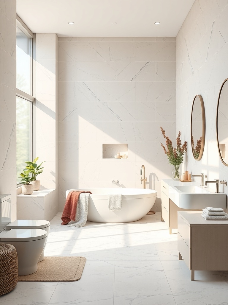Modern bathroom featuring neutral tones with a freestanding bathtub, wooden vanity, and large windows.