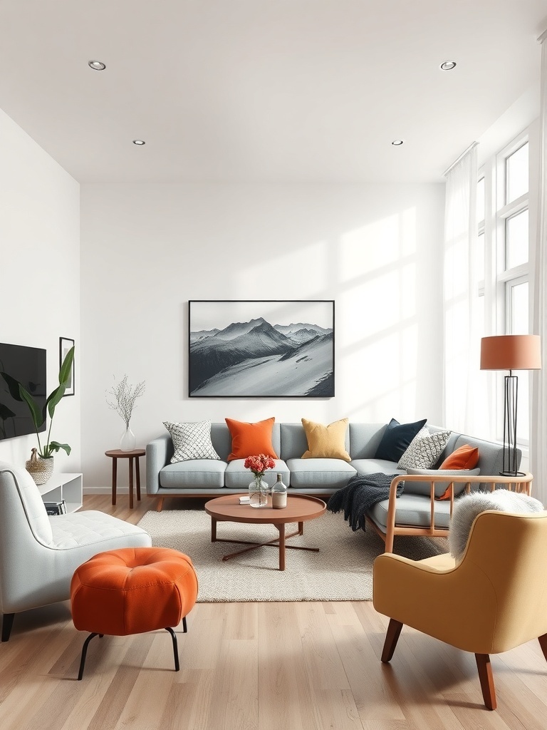 Scandinavian living room featuring neutral tones with colorful accents.