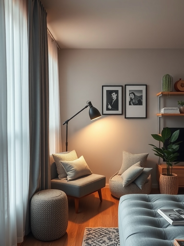 A cozy reading nook with a floor lamp, comfortable seating, and decorative pillows.