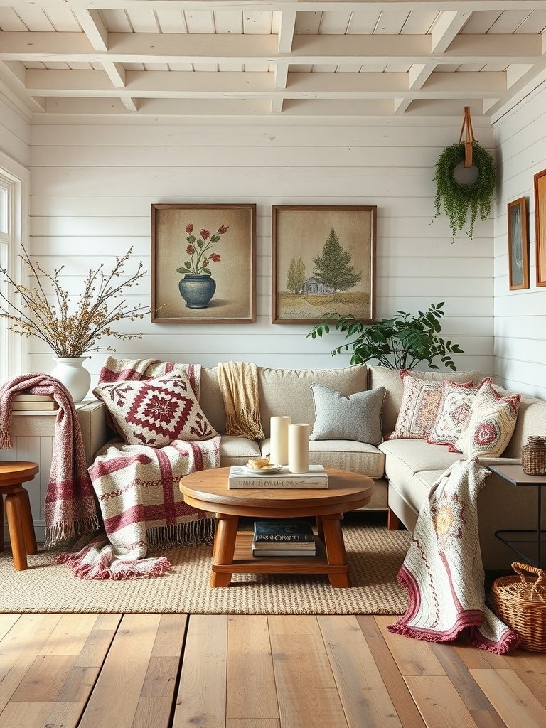 A cozy farmhouse living room featuring quilts and blankets on a sofa.