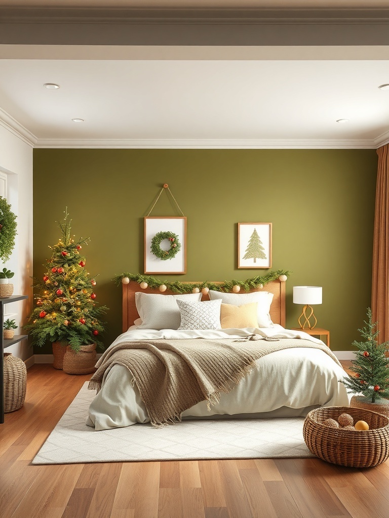 Cozy bedroom with olive green wall paint, decorated for the holidays.