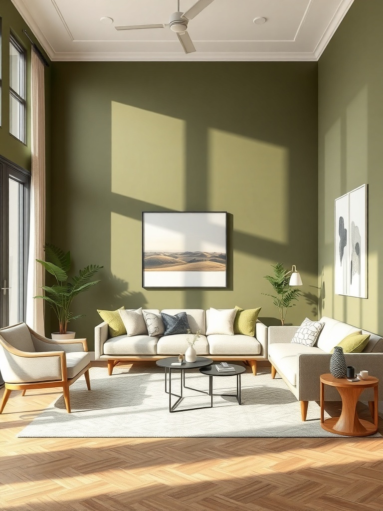 A stylish living room with olive green walls, large windows, and wooden furniture.