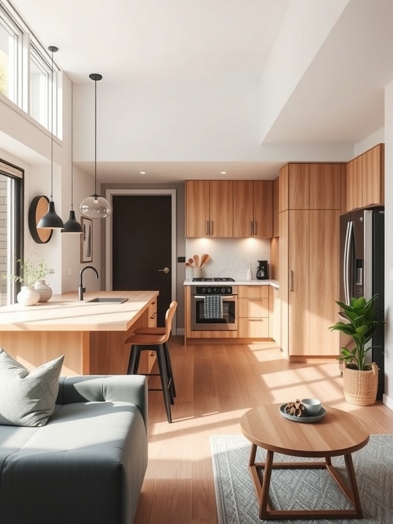 A modern open concept kitchen with wooden cabinets, a large island, and natural light.