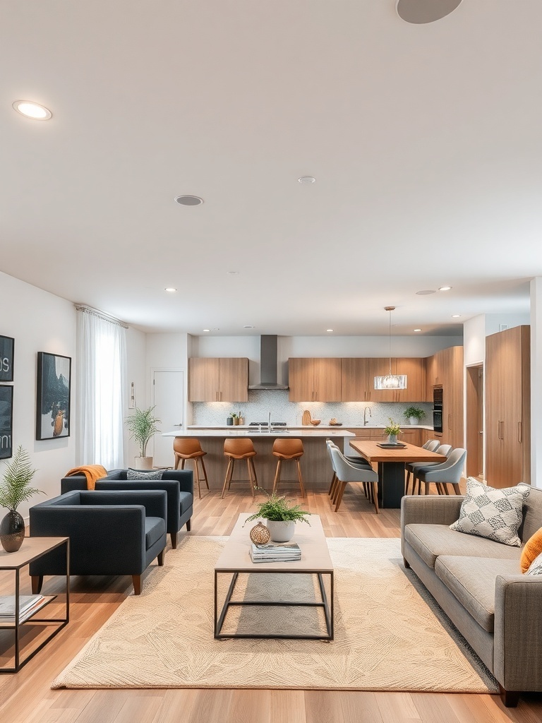 A modern open concept living room with a seamless transition to the kitchen and dining area, featuring neutral tones and natural materials.