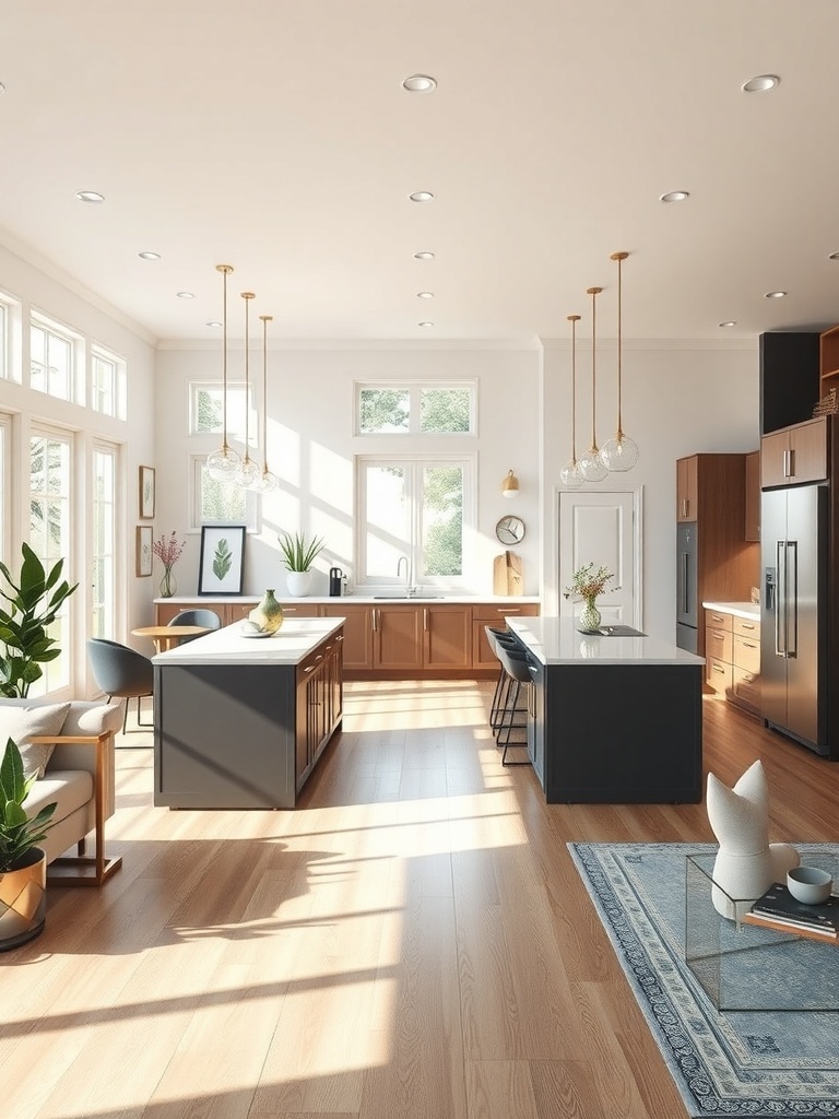 Modern kitchen with open concept layout, featuring large windows, light wood flooring, and a central island.