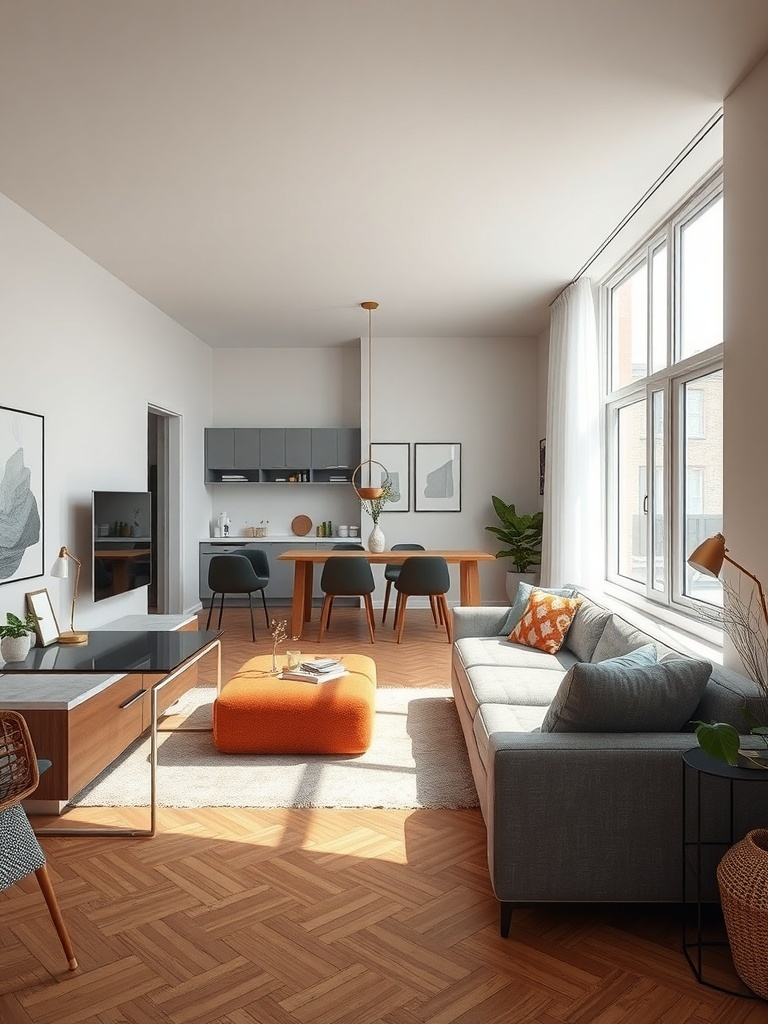 Open concept living and dining area in a studio apartment with modern furniture and decor.
