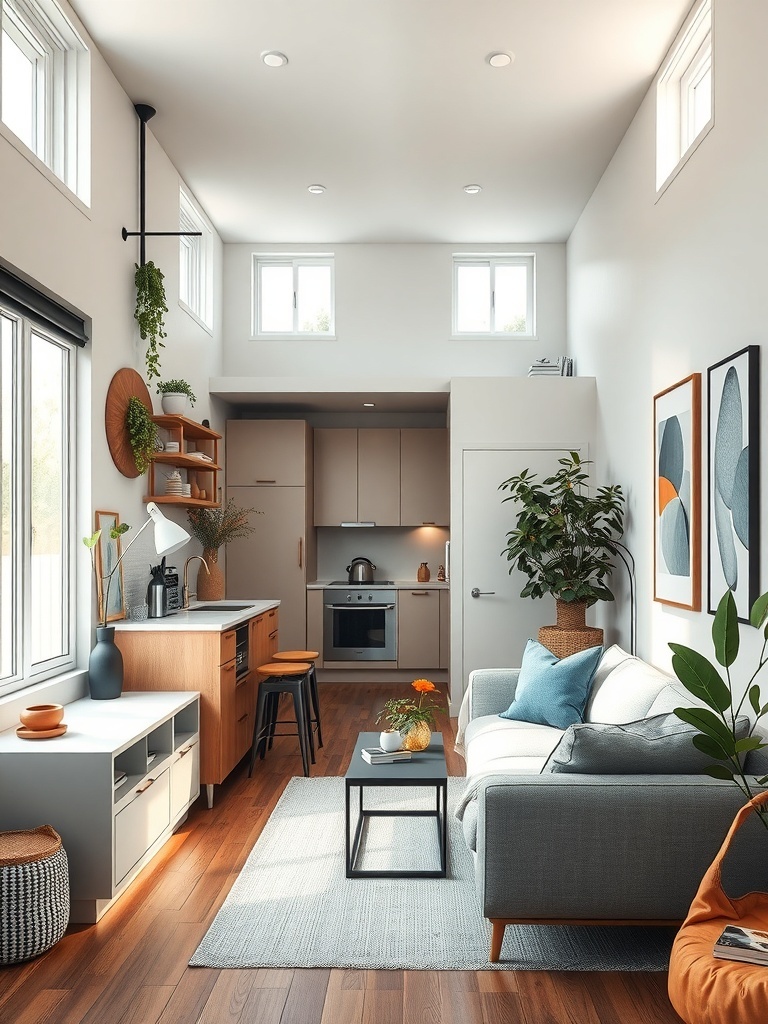 A stylish open concept living and kitchen area in a narrow apartment.