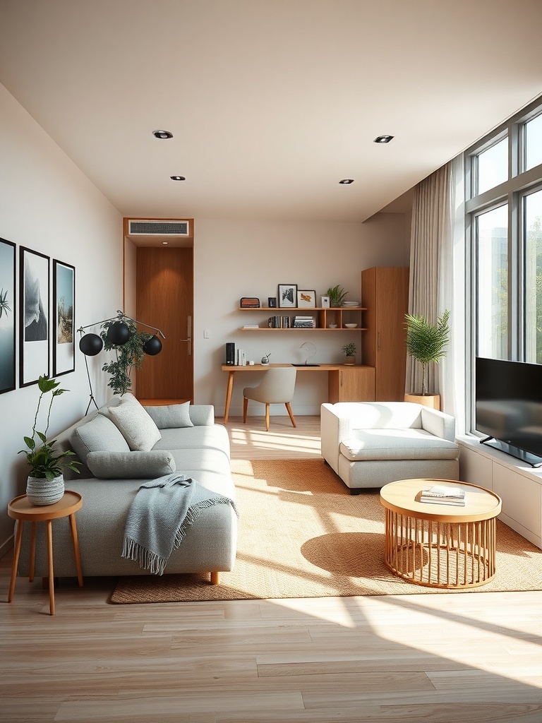Open concept studio apartment with living and sleeping areas combined.