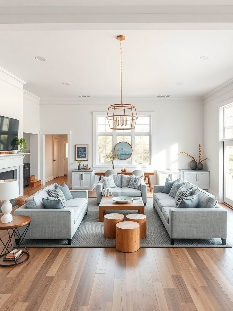 A bright and airy open concept living room with light gray sofas, wooden accents, and large windows.