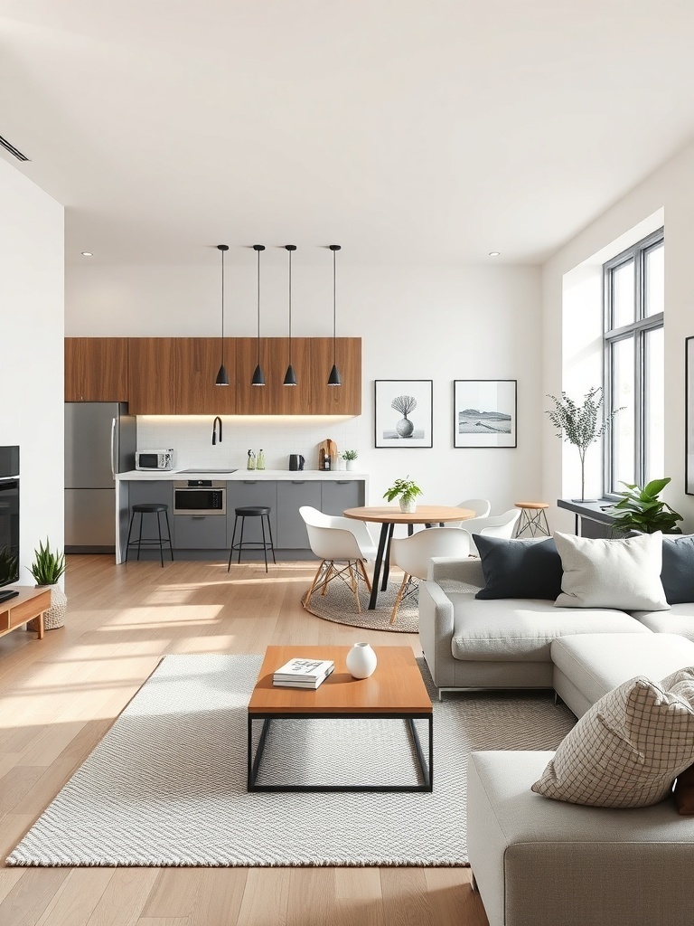 A modern open concept living space featuring a kitchen, dining area, and living room with natural light.