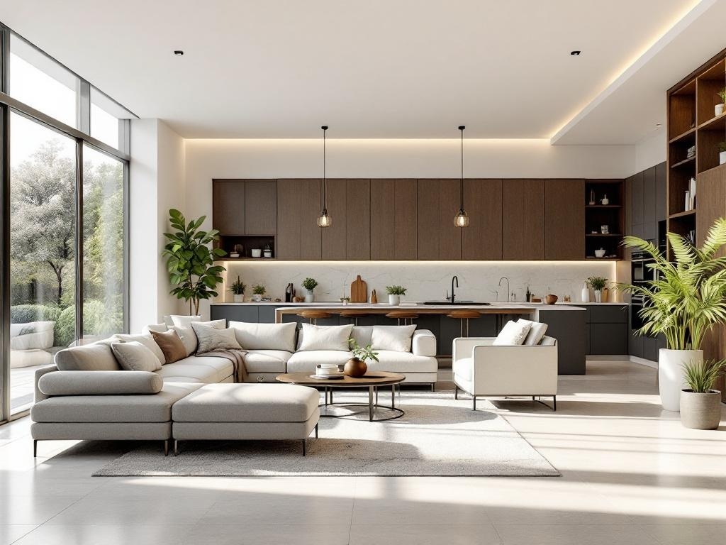 Modern open concept living room with large windows, a sectional sofa, and a stylish kitchen.