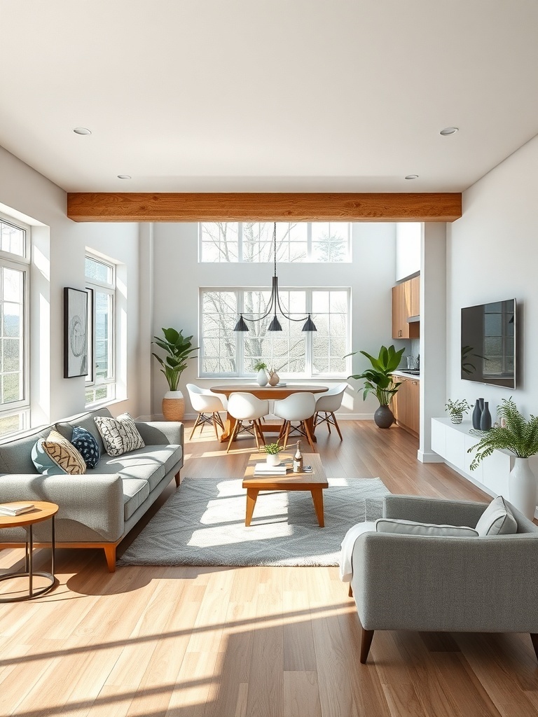 A bright Scandinavian living room with an open floor plan featuring large windows, a cozy seating area, and a dining table.