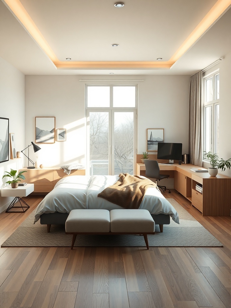 A minimalist bedroom with an open floor plan, featuring large windows, a cozy bed, and simple decor.