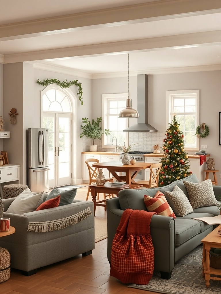 A cozy living room and kitchen area with defined zones, showcasing an open floor plan.
