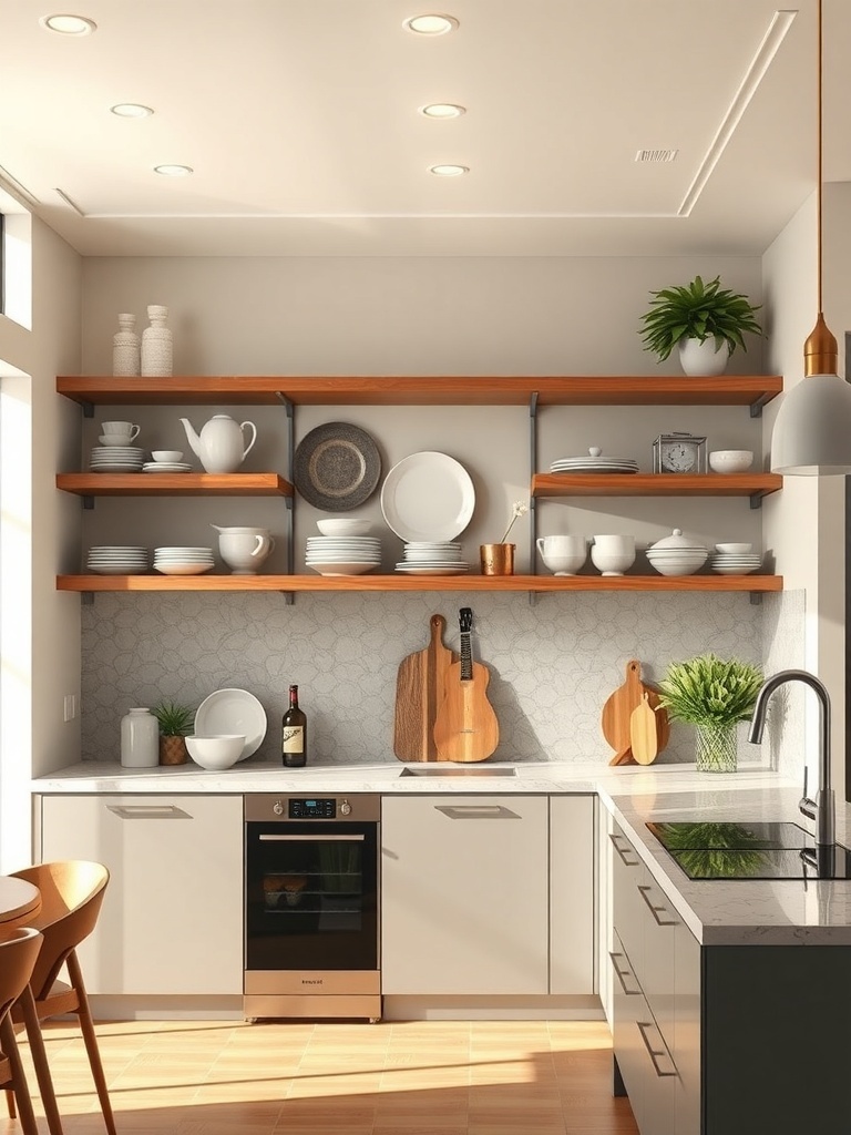 Modern kitchen with open wooden shelves displaying dishes and decorative items.