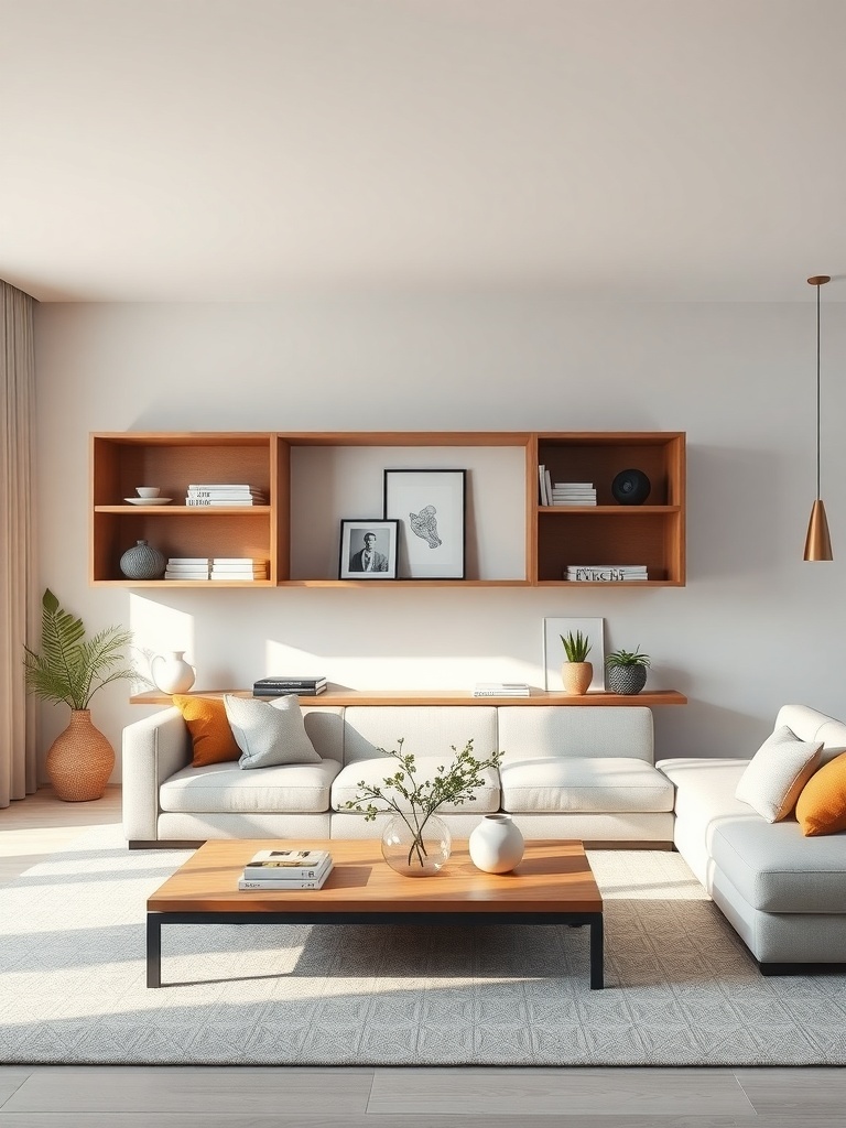 A minimalist living room with open shelving, featuring wooden shelves, decorative items, and a cozy seating area.
