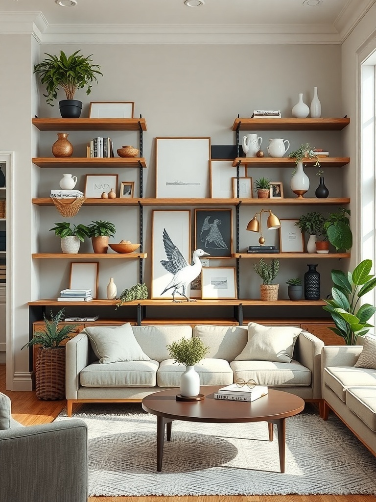 Open shelving in a farmhouse living room with decor items and plants.