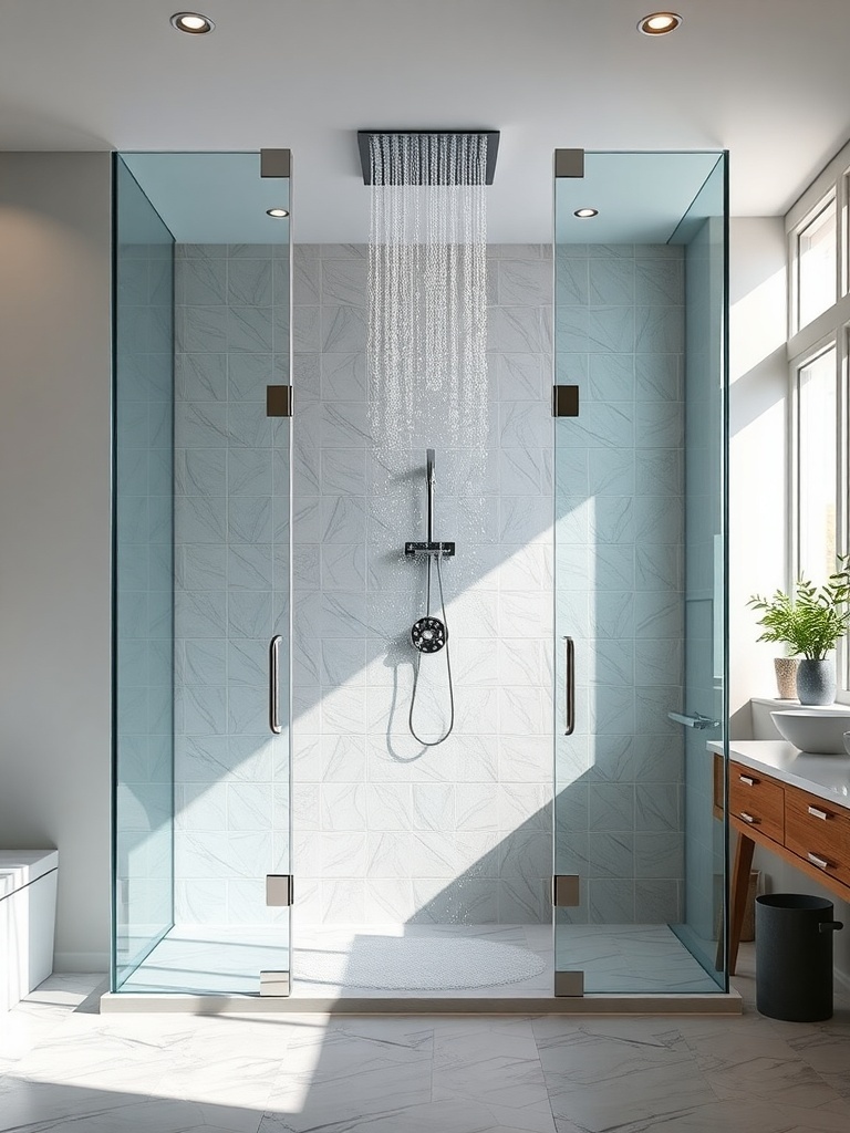 Modern open shower with glass walls and rainfall showerhead