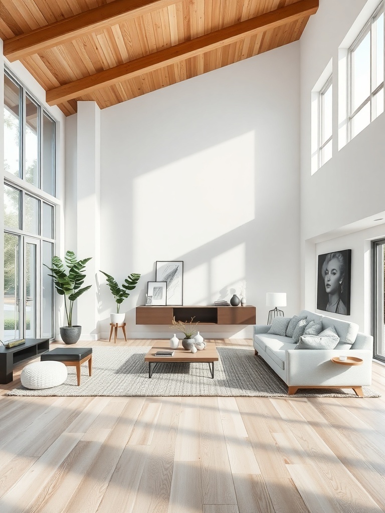 Minimalist living room with large windows, wooden ceiling, and simple furniture.