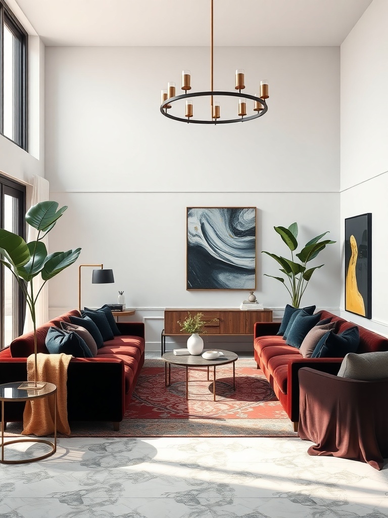 A luxurious living room featuring deep red velvet sofas, a round coffee table, and decorative plants, creating an inviting atmosphere.