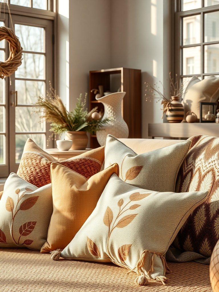 A cozy living room with pillows featuring organic patterns and natural light.