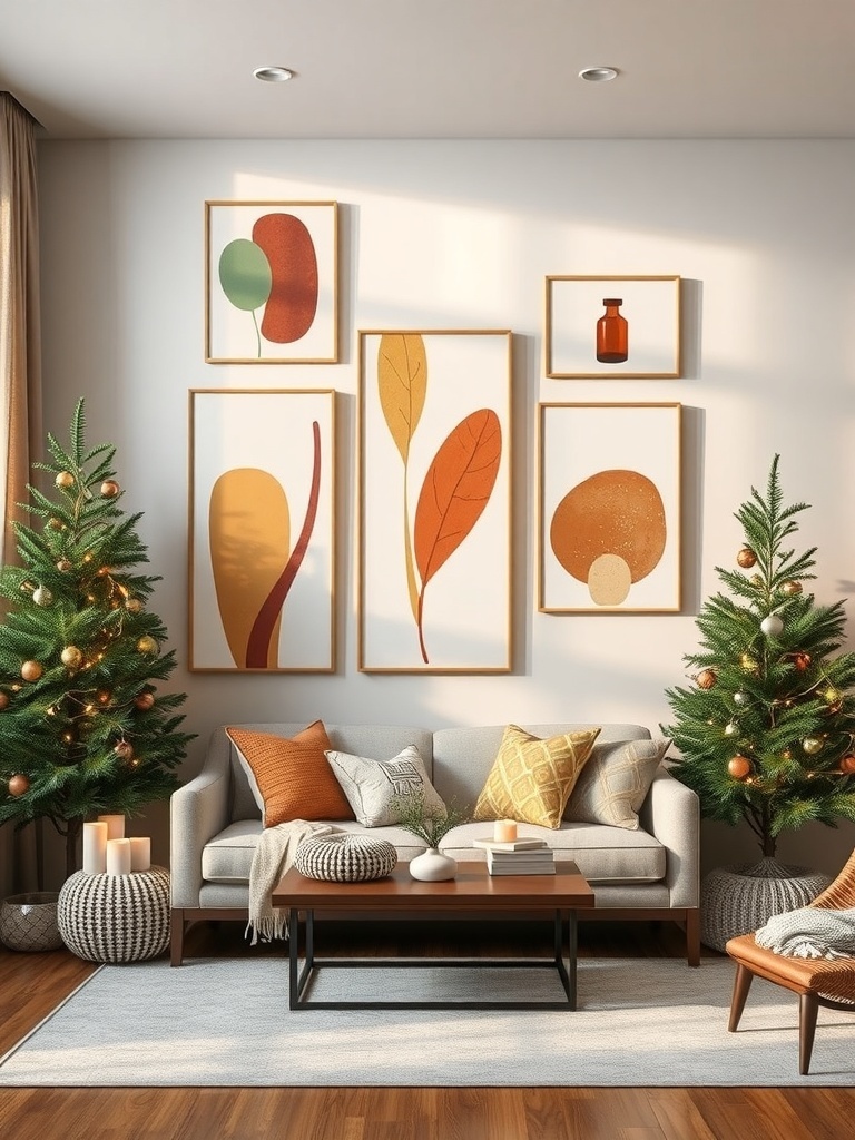 A cozy living room with organic shape art on the walls, featuring earthy tones and a stylish decor.