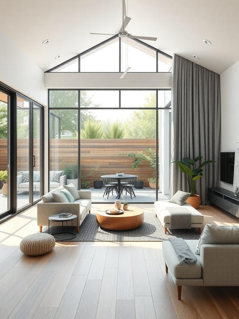 A bright Scandinavian living room with large windows connecting to an outdoor space.