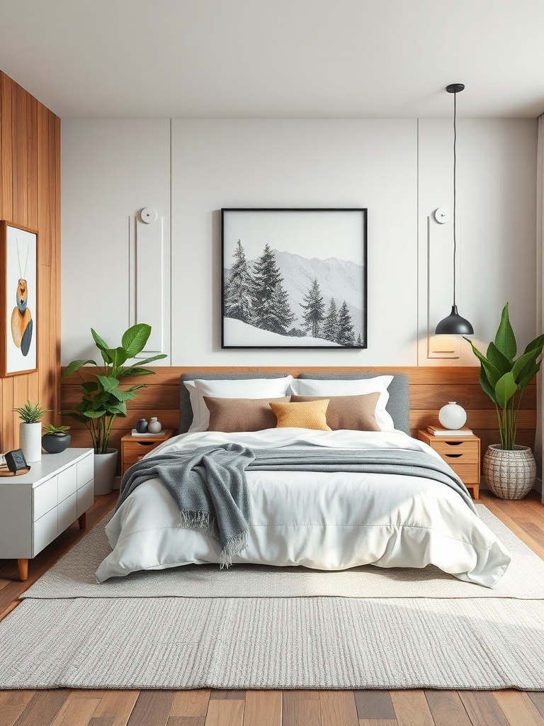 A modern bedroom with wooden accents, plants, and mountain-themed artwork.