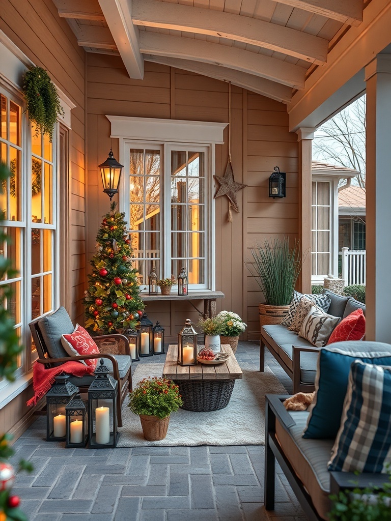 A cozy outdoor seating area with a tree, lanterns, and decorative pillows.
