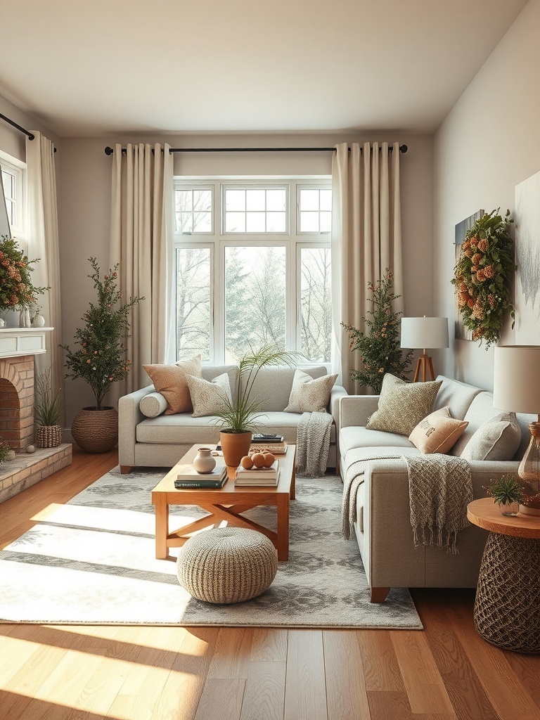 A bright living room with plants, natural materials, and cozy decor.
