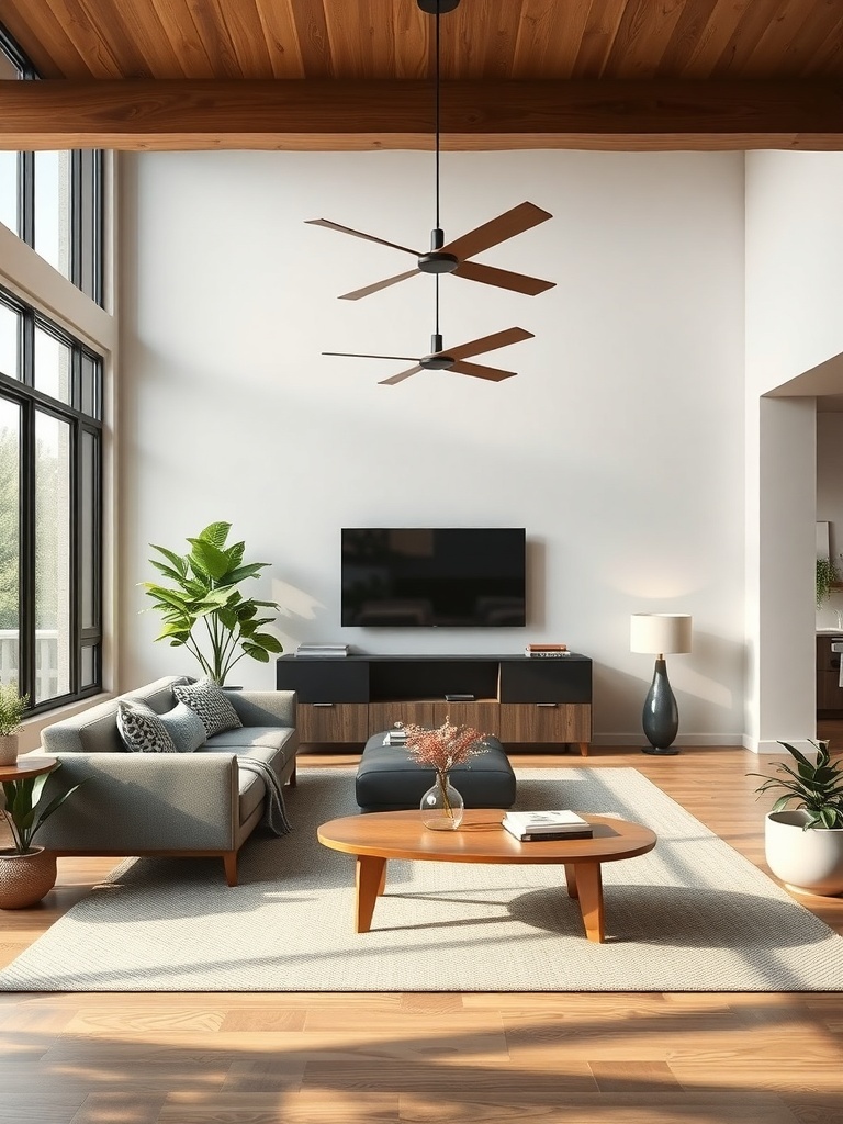A modern living room with a ceiling fan and natural light.
