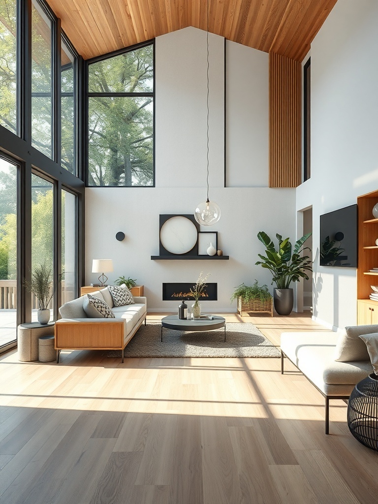 A modern living room with large windows, wooden ceiling, and plants, showcasing an outdoor-inspired design.