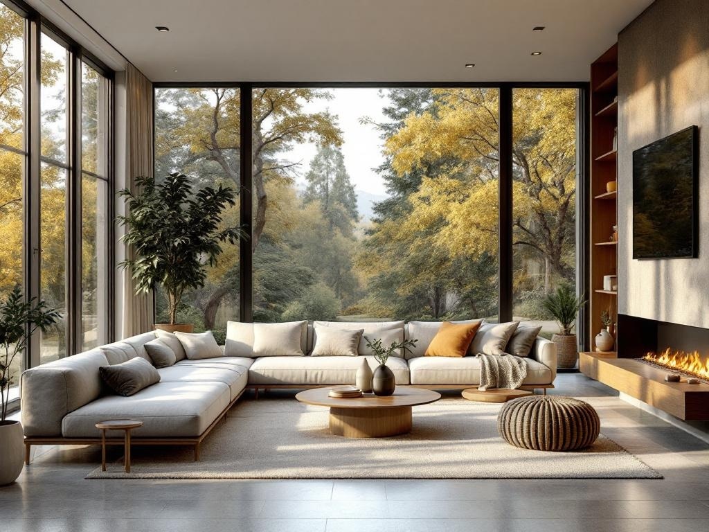 Modern living room with large windows, sectional sofa, coffee table, and plants