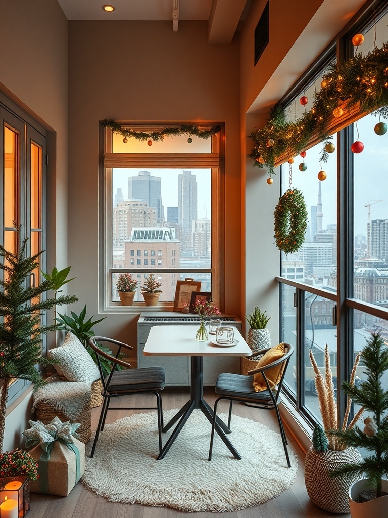 Cozy outdoor dining space on a balcony with a small table, chairs, and decorative plants.