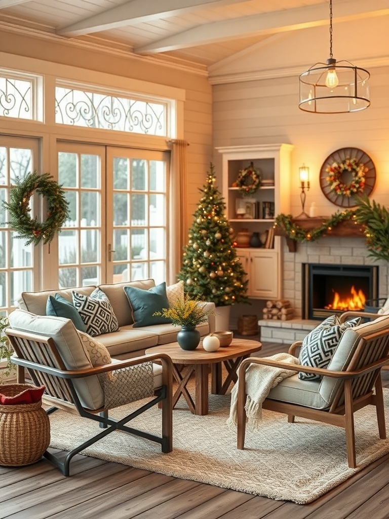 A cozy living room featuring outdoor-style furniture, with a warm fireplace and festive decorations.