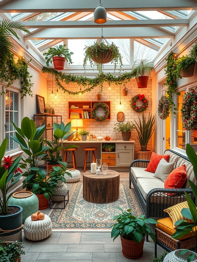 A bright indoor living space with plants, cozy seating, and natural decor.