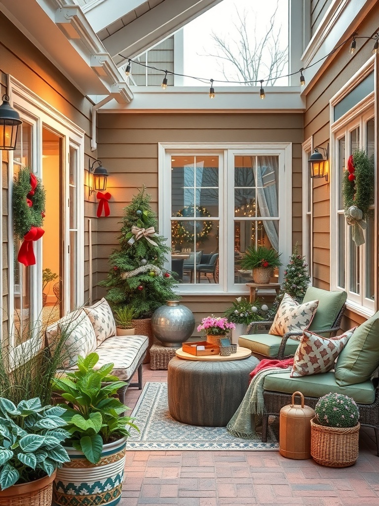 Cozy outdoor living space with seating, plants, and warm lights.