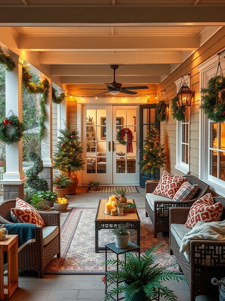 Cozy outdoor living space with comfortable seating, warm lighting, and greenery.