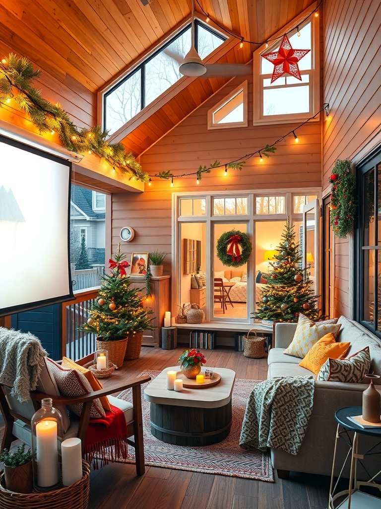 Cozy outdoor movie setup with projector and comfortable seating on a balcony.