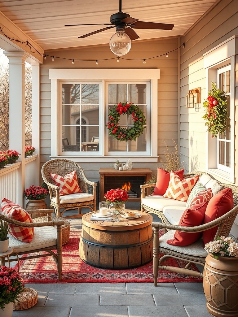 Cozy outdoor seating area with comfortable furniture and decorative elements.