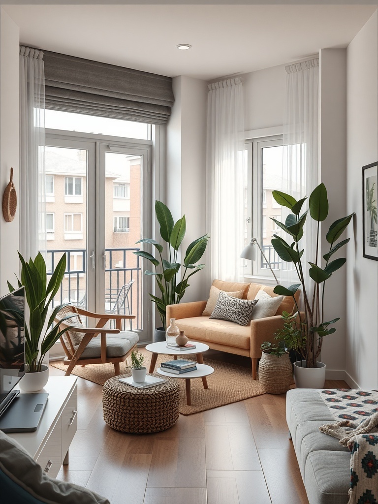 A cozy studio apartment with large windows, plants, and a small outdoor balcony.