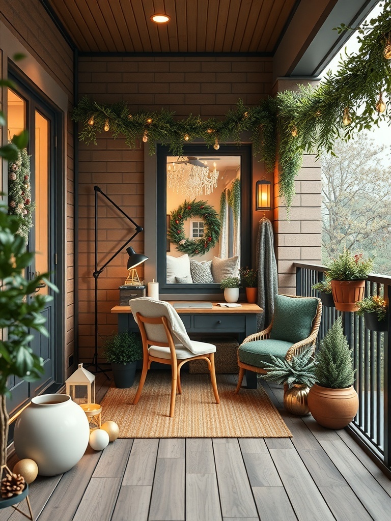 A cozy outdoor workspace on a balcony with a desk, chair, and plants.