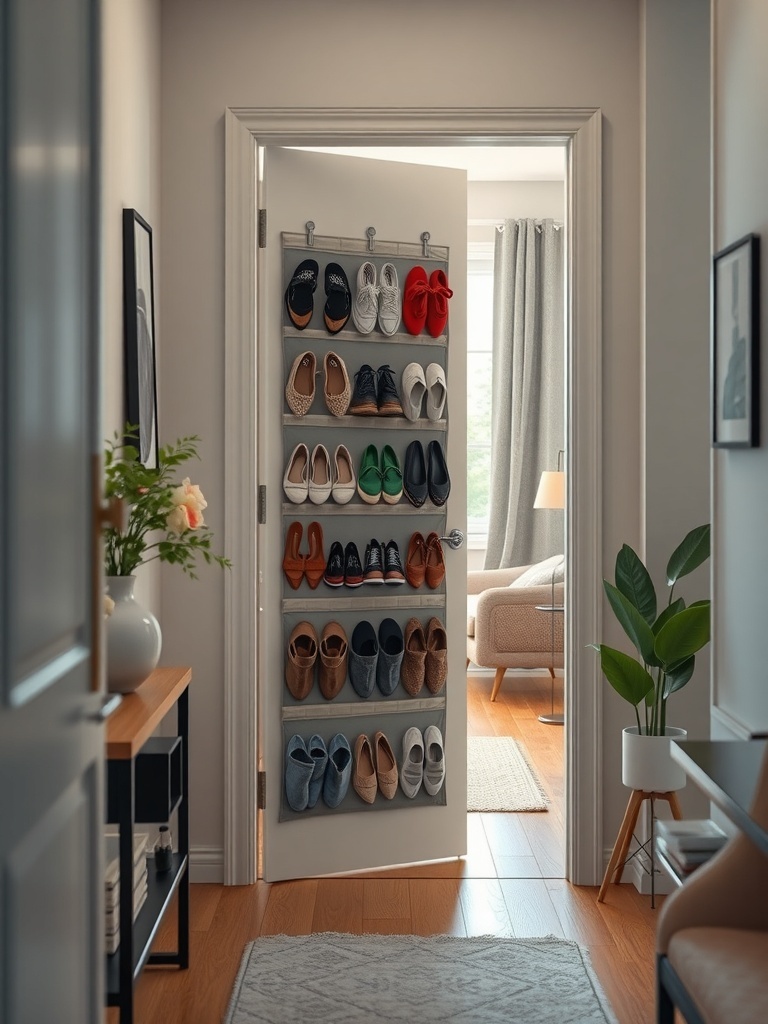 A door with an over-the-door shoe organizer displaying various pairs of shoes.