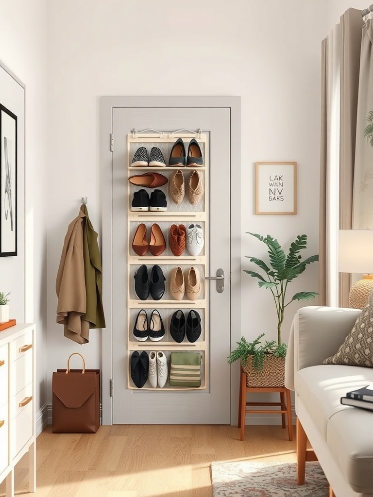 An over-the-door shoe organizer with various pairs of shoes displayed.