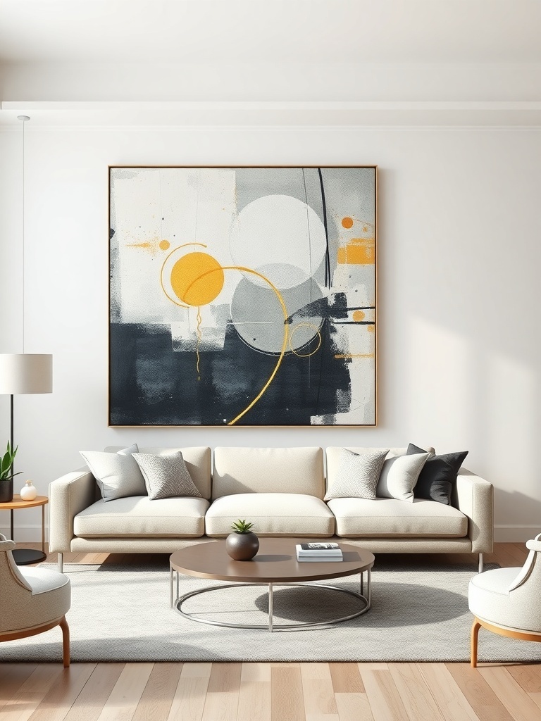 A modern living room featuring an oversized abstract art piece above a light-colored sofa.