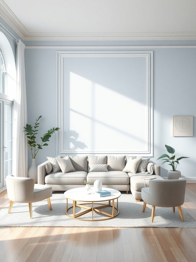 A light and airy living room with pale blue walls, a cozy sofa, and plants, creating a refreshing vibe.