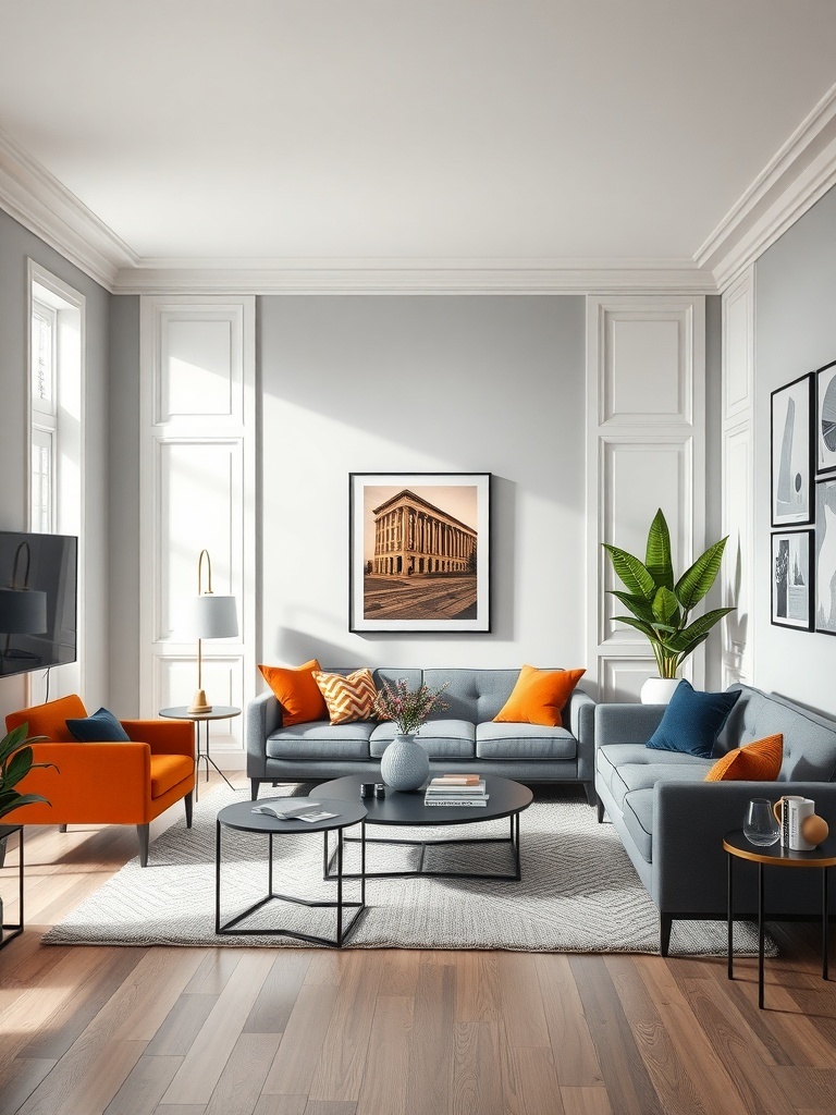 A modern living room featuring pale gray walls, orange accent chairs, and a cozy atmosphere.
