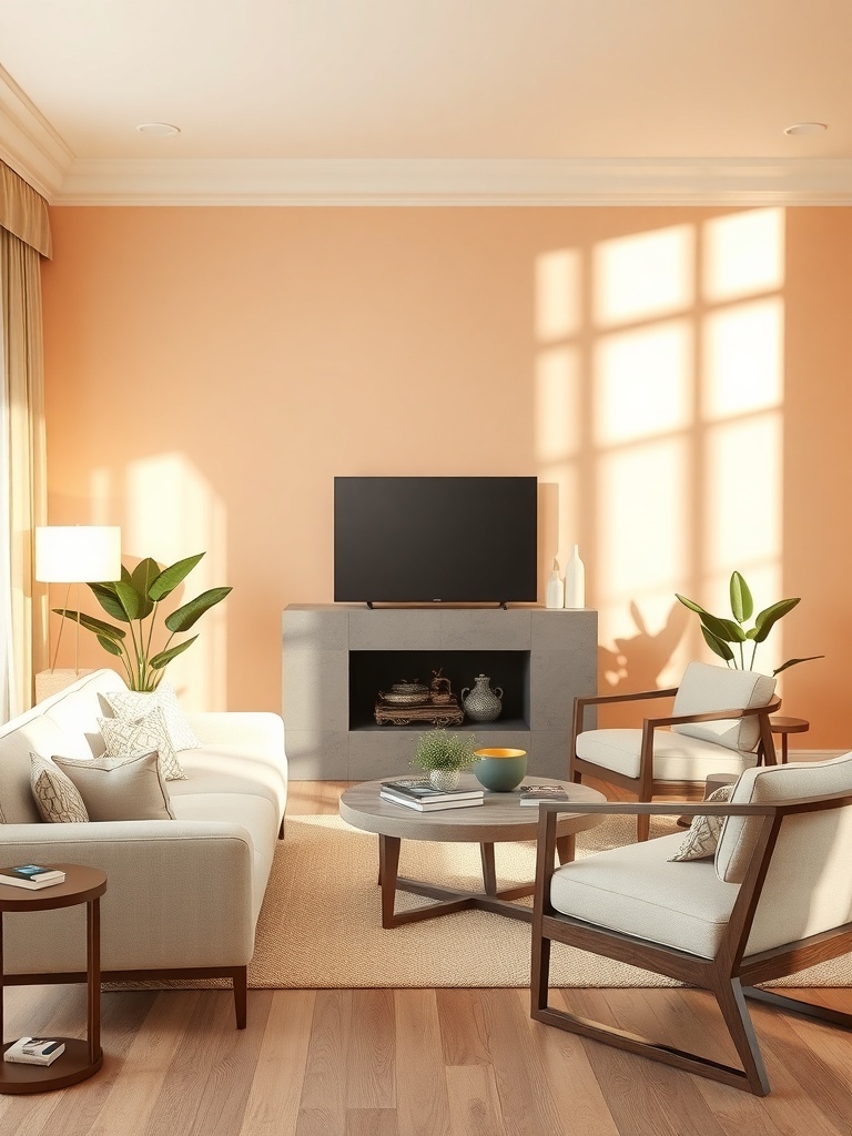 A living room featuring pale peach walls, neutral furniture, and plants, creating a warm and inviting atmosphere.