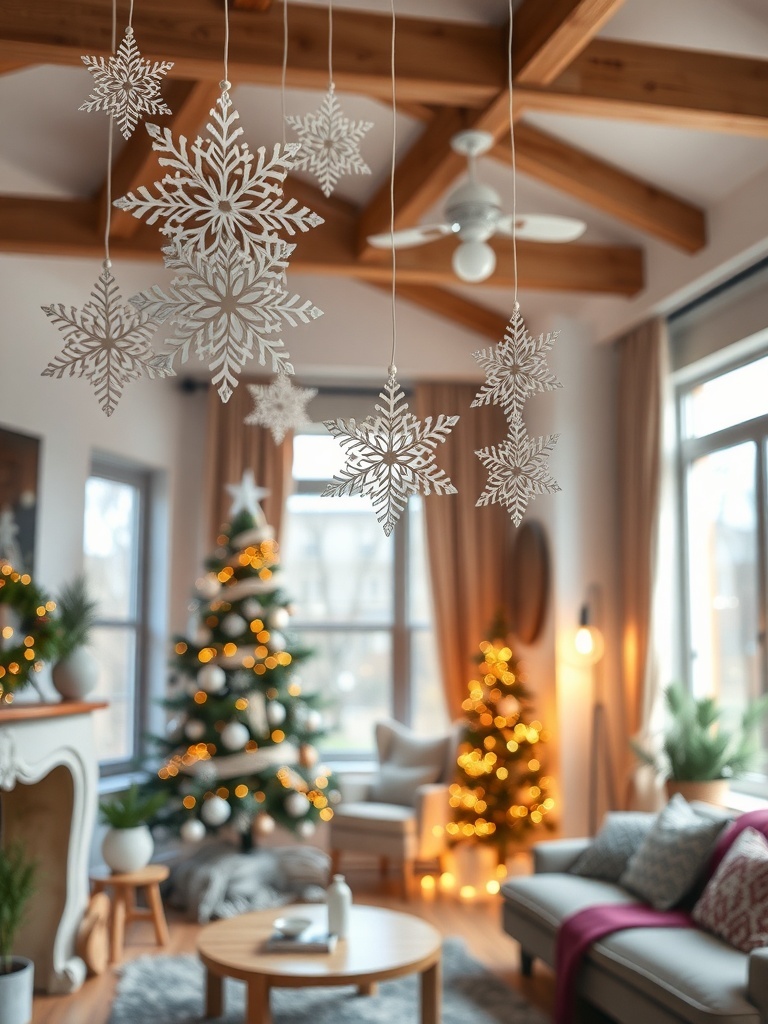 Decorative paper snowflakes hanging in a cozy living room with a Christmas tree.
