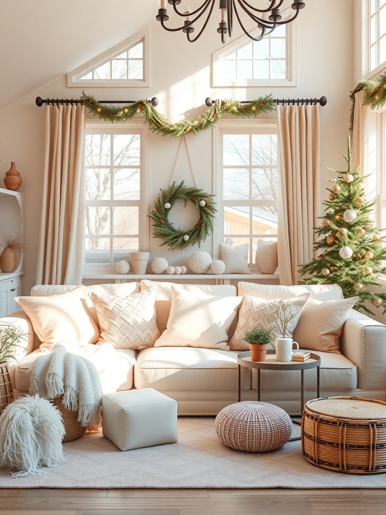A cozy living room decorated with pastel colors, featuring a light sofa, soft pillows, and a touch of greenery.